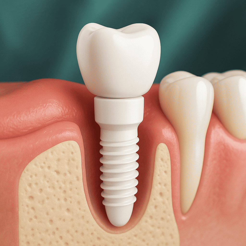 Dettaglio impianto dentale in zirconia: vite bianca biocompatibile senza metallo per estetica naturale.