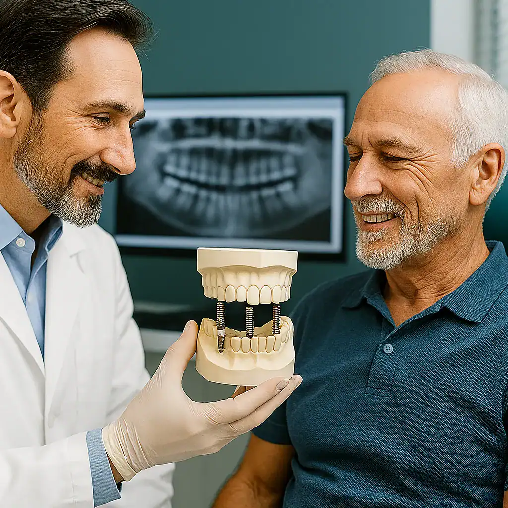 Implants dentaires All-on-4 / All-on-6 Turquie - Une solution fixe pour arcades dentaires complètes Consultation implantologique en Turquie, avec un dentiste montrant un modèle d’implants All-on-4 à un patient âgé, radiographie visible à l’arrière-plan
