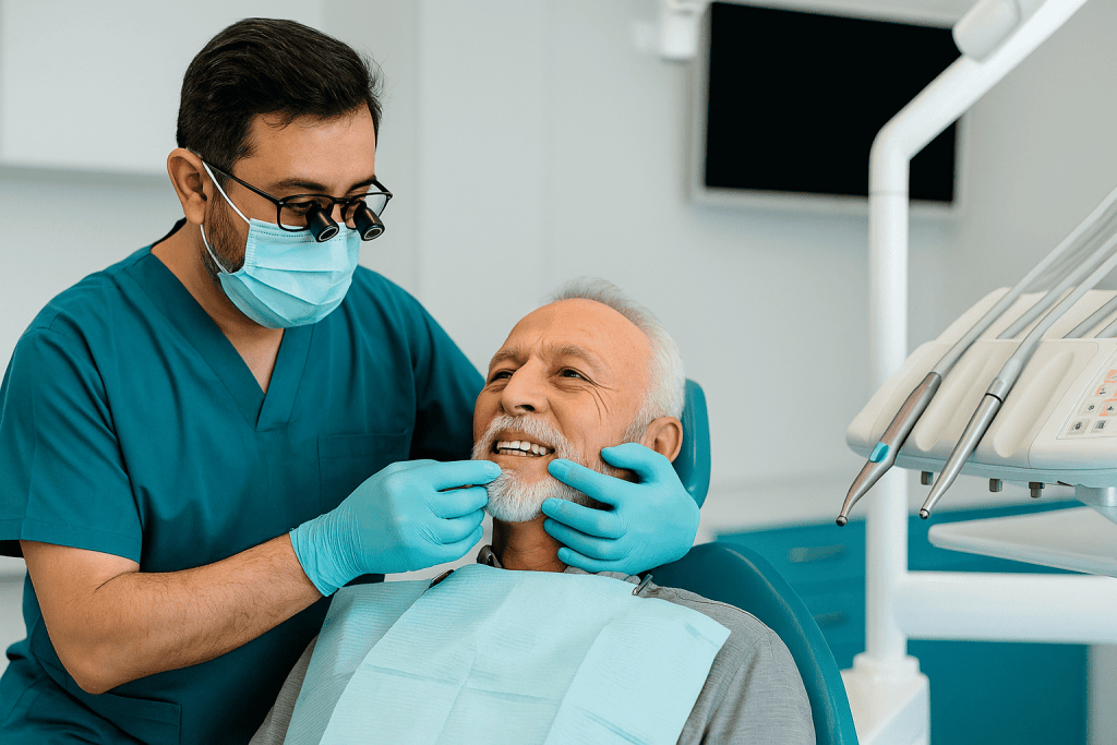 Dentiste turc présentant une radiographie d’implants All-on-4 à une patiente dans une clinique moderne