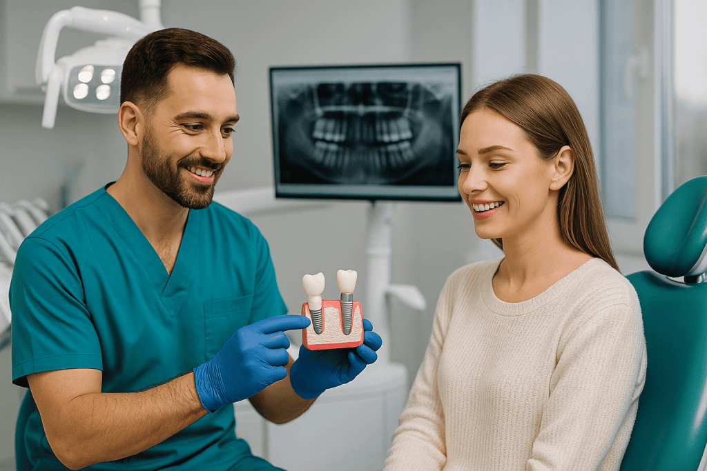 Impianti dentali in Turchia: dentista mostra modello di impianto a una paziente sorridente in clinica.