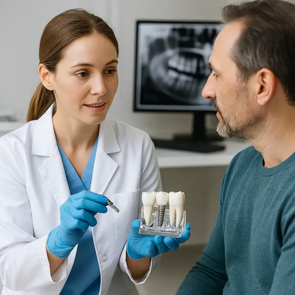 Implants dentaires titane ou zircone Turquie - Choisir le bon matériau pour vos implants Dentiste expliquant à un patient les différences entre les implants dentaires en titane et en zircone à l’aide d’un modèle réaliste avant l'intervention