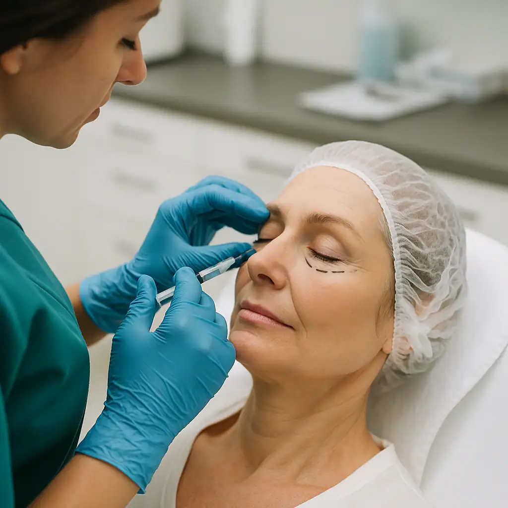 Chirurgien retirant l’excès de peau des paupières d’une patiente lors d’une blépharoplastie en Turquie