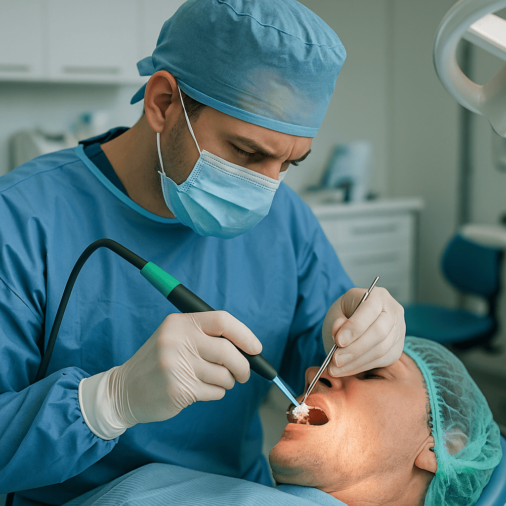 chirurgien dentiste en pleine intervention de greffe osseuse dans un bloc opératoire
