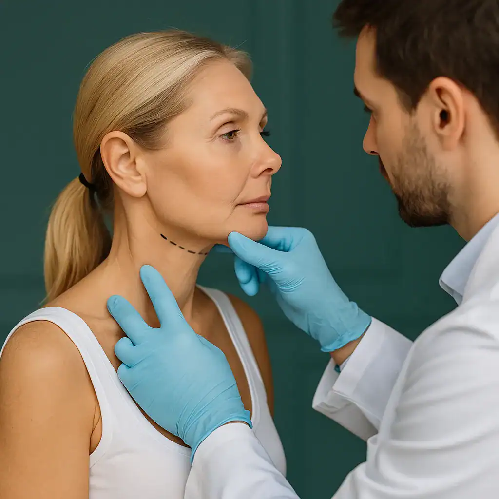 Lifting du cou en Turquie – Consultation et évaluation esthétique Consultation médicale pour un lifting du cou, le médecin évalue la peau d’une femme en marquant délicatement la zone à traiter