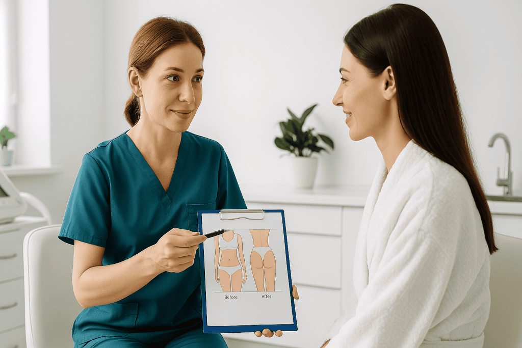 Chirurgien turc en consultation avec une patiente pour une procédure de lipofilling dans une clinique moderne