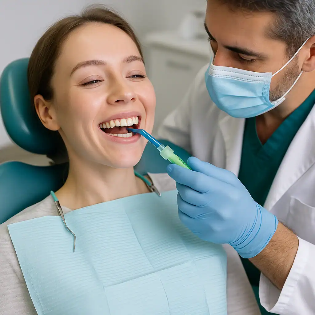 Fase di pulizia e preparazione dentale: dentista applica gel protettivo sulle gengive prima dello sbiancamento