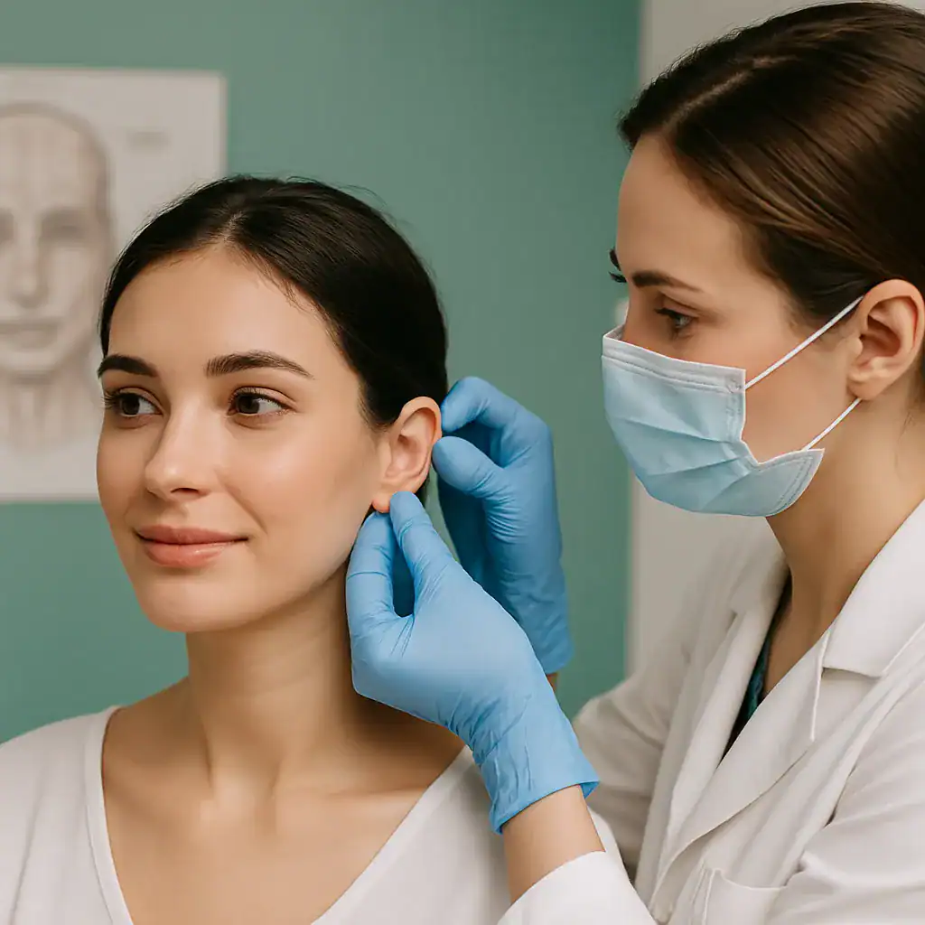Otoplastie en Turquie – Correction esthétique des oreilles Consultation médicale d’otoplastie avec une patiente jeune, médecin ajustant doucement l’oreille