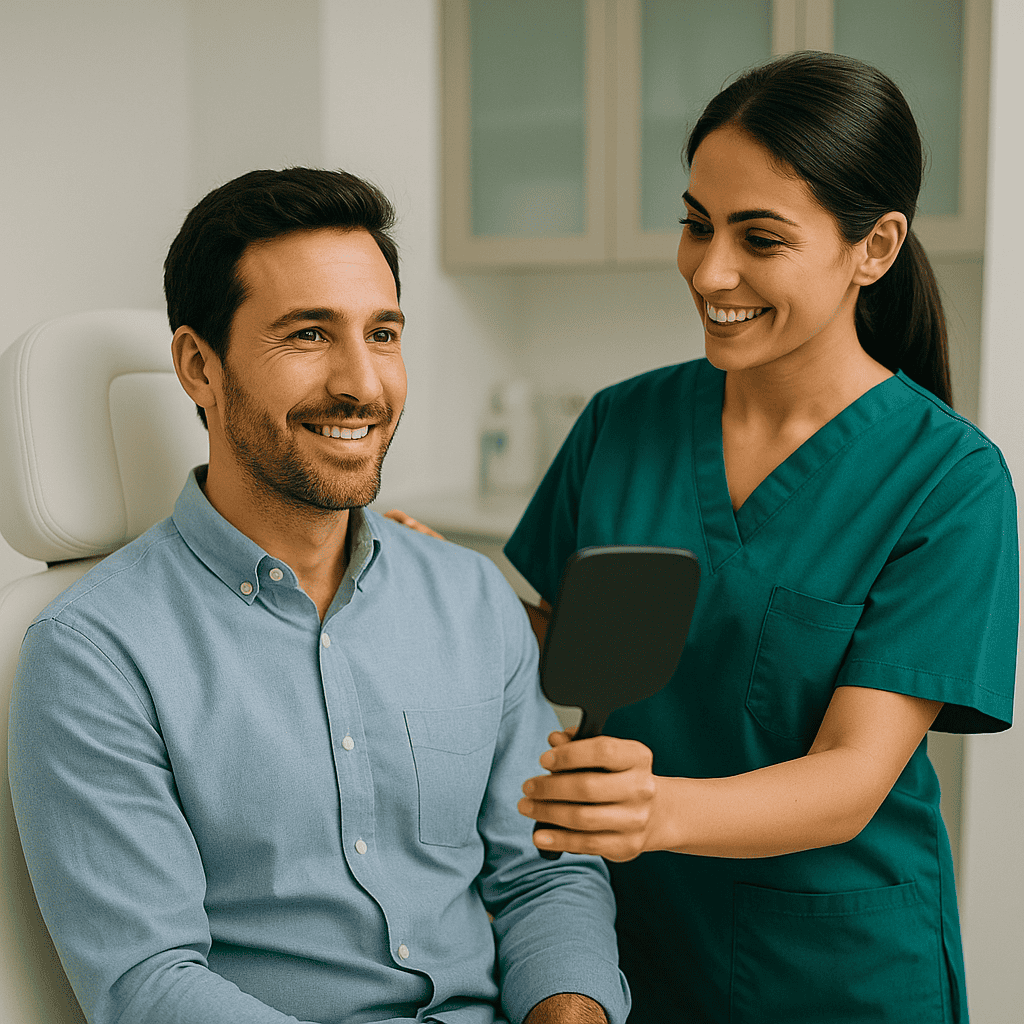 Dottoressa in divisa verde che mostra i risultati di un trattamento estetico a un paziente, esempio di expertise medica e risultati controllati