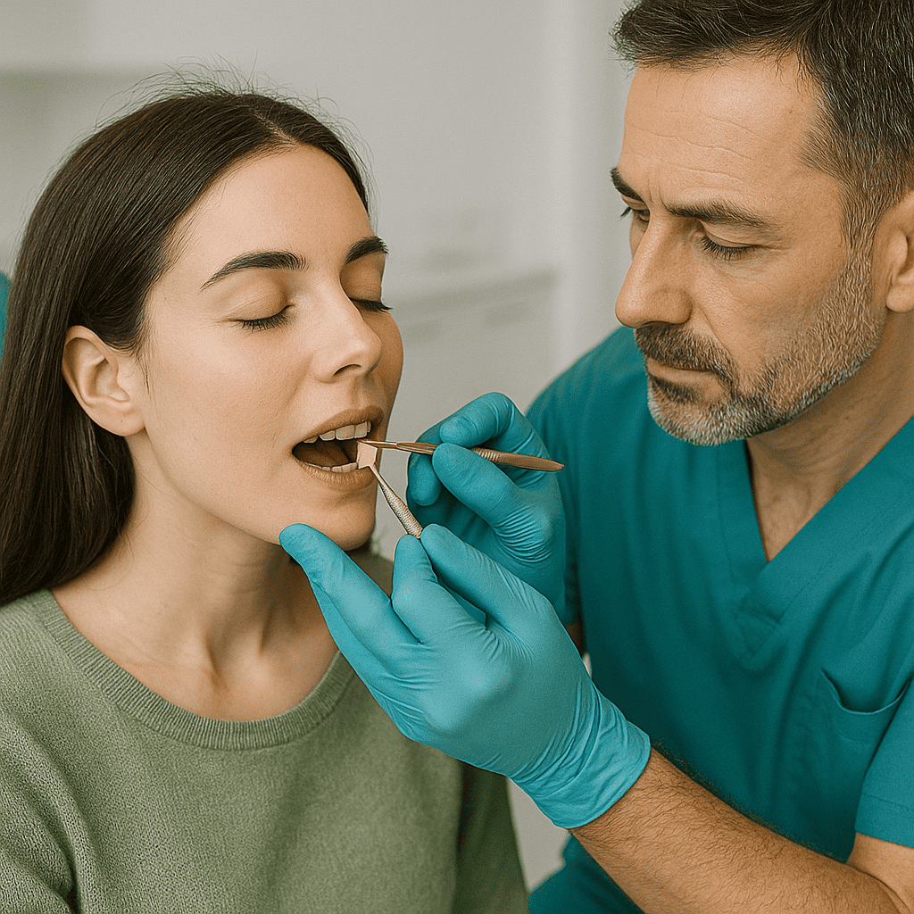 Applicazione definitiva e rifinitura di faccette dentali in ceramica su una paziente in clinica odontoiatrica