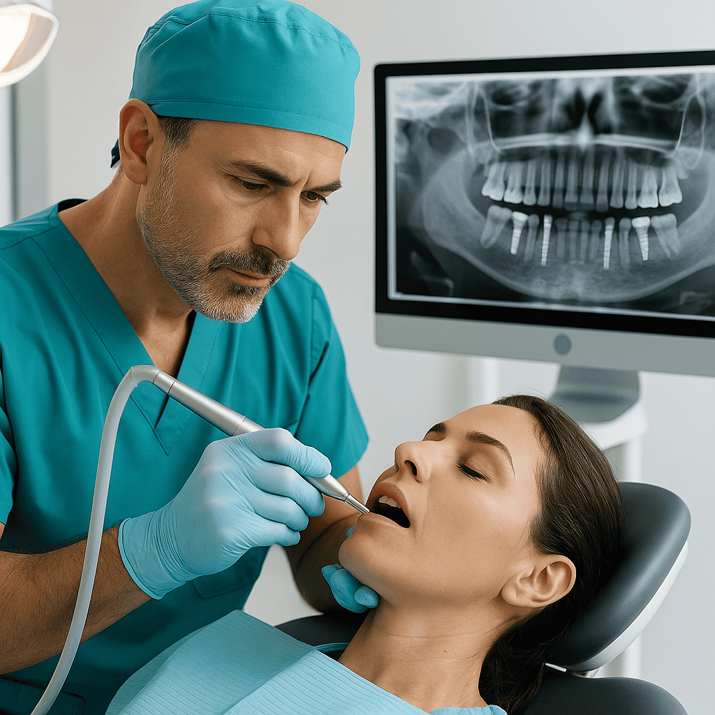 chirurgien posant des implants dentaires All-on-4 dans une clinique moderne