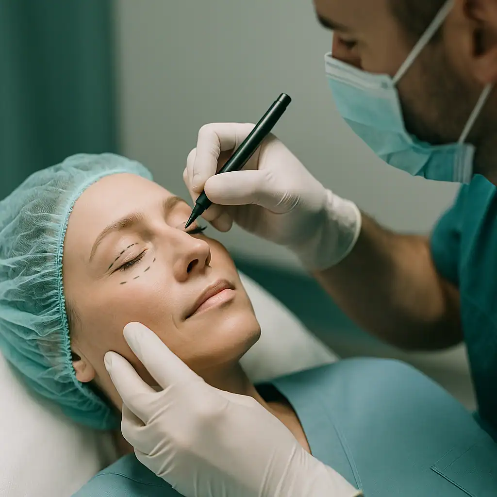 Préparation d’une patiente avant une blépharoplastie en Turquie dans une clinique moderne