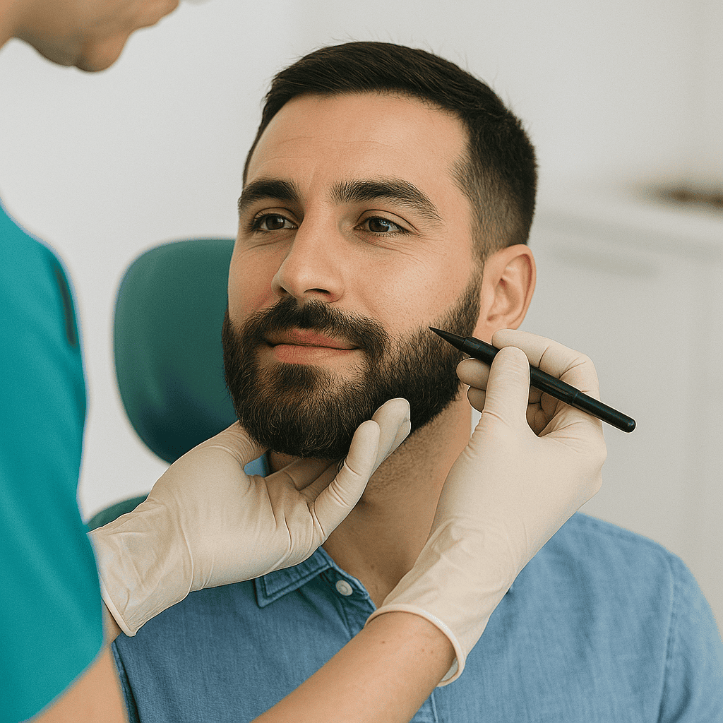 prix greffe barbe turquie Homme en consultation pour une greffe de barbe dans une clinique esthétique moderne.