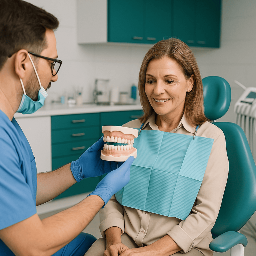 patiente souriante découvrant sa prothèse provisoire après pose d’implants All-on-4