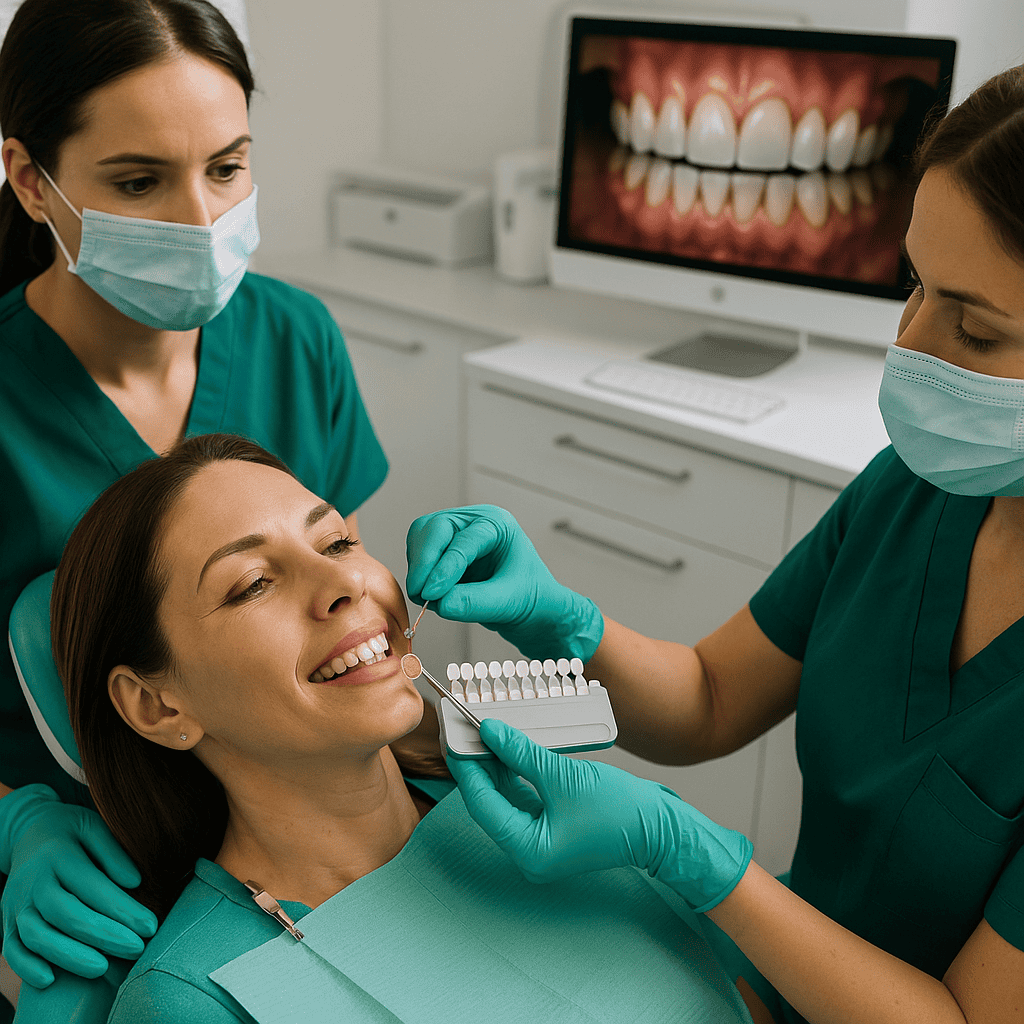 Pose des restaurations dentaires finales lors d’un smile design numérique en Turquie.