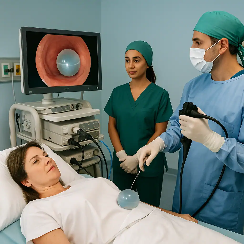 Scène médicale montrant le retrait d’un ballon gastrique par endoscopie dans une clinique turque moderne