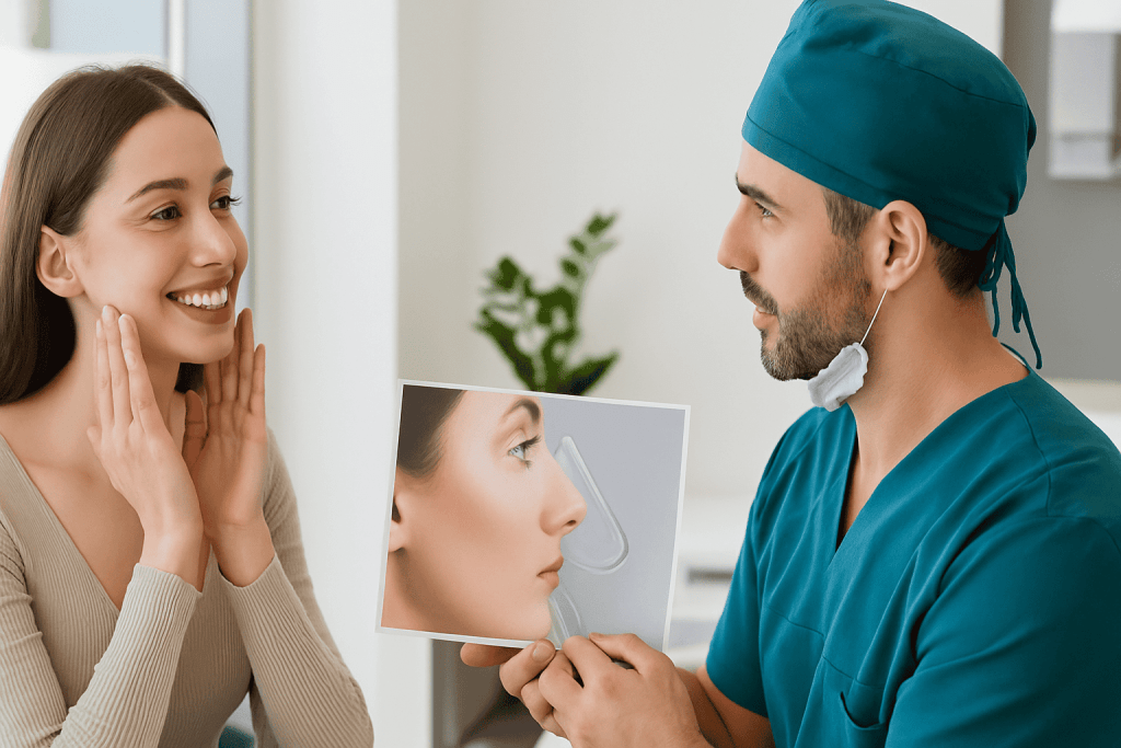 Rinoplastica in Turchia: chirurgo analizza il profilo di una paziente per chirurgia nasale estetica e funzionale