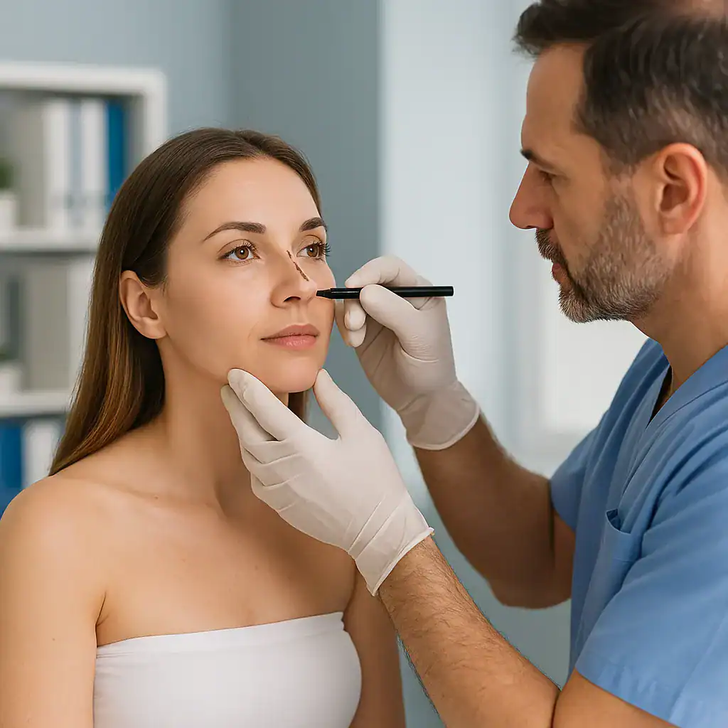Rhinoplastie Turquie - Corriger ou affiner le nez avec précision et expertise Consultation en Turquie pour une rhinoplastie, avec un chirurgien marquant le nez d’une patiente dans un cabinet moderne