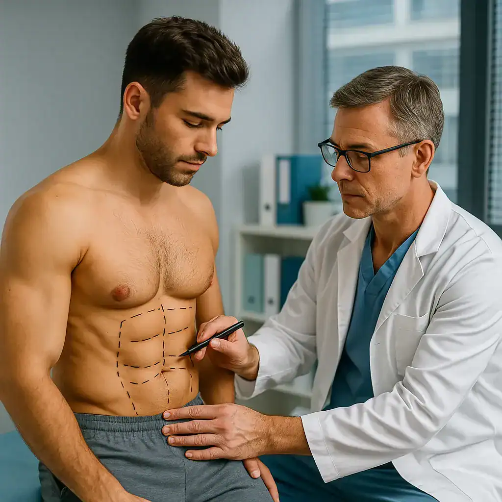 Abdominal etching Turquie - Dessiner les abdos avec précision chirurgicale Consultation pour un abdominal etching en Turquie, pour une intervention esthétique fiable, avec un chirurgien marquant les muscles abdominaux d’un patient dans un cadre clinique