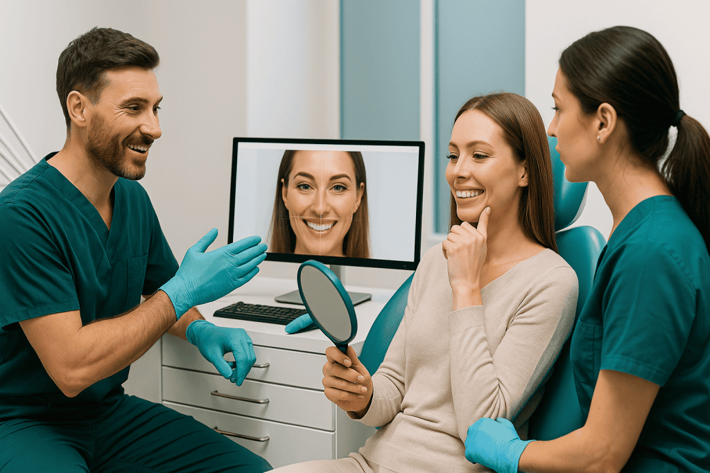Consultation de smile design numérique avec une patiente analysant son futur sourire à l’écran