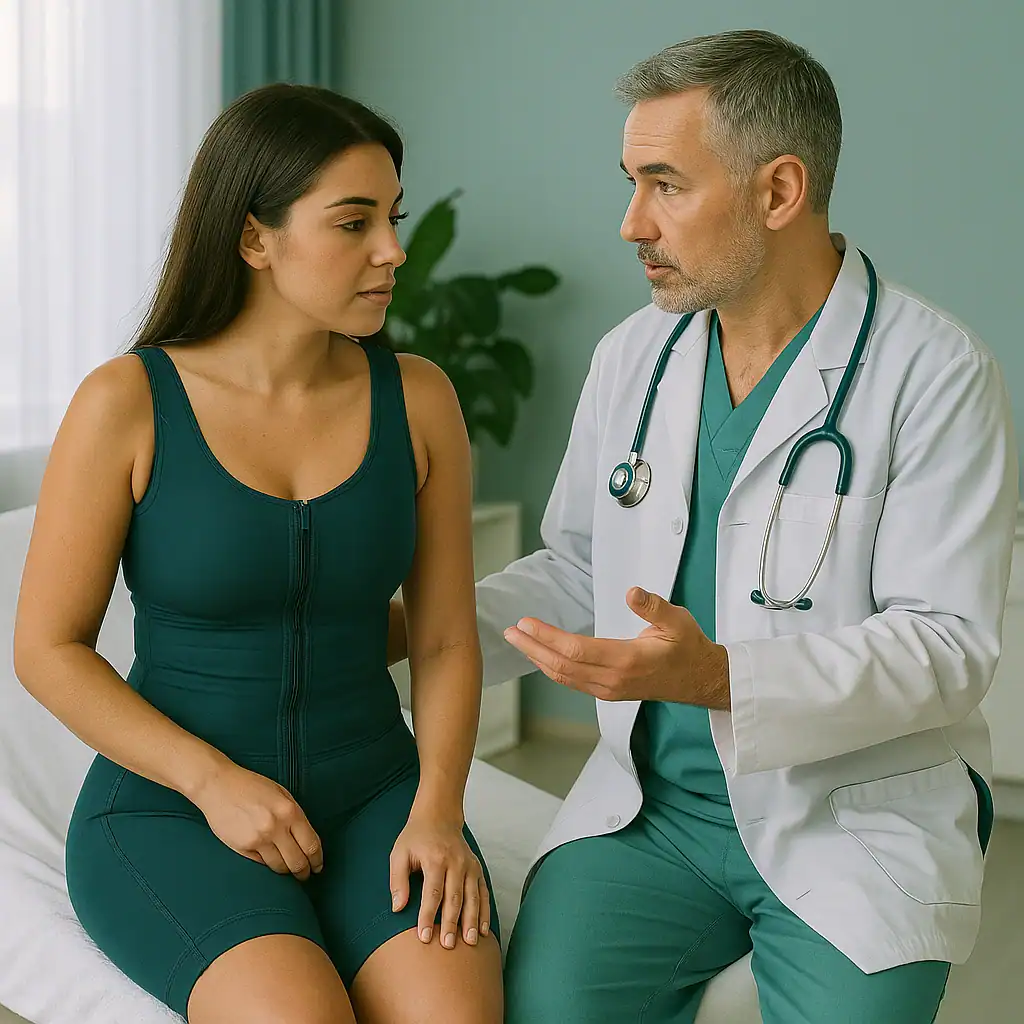 Chirurgo estetico in Turchia discute il follow-up post-operatorio con una paziente che indossa una guaina compressiva dopo un BBL