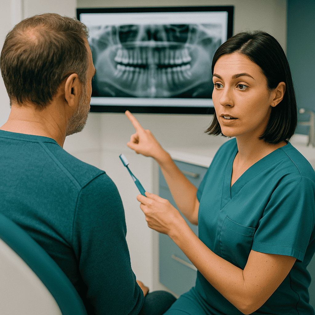 homme adulte en consultation de suivi post-opératoire après une greffe osseuse dentaire
