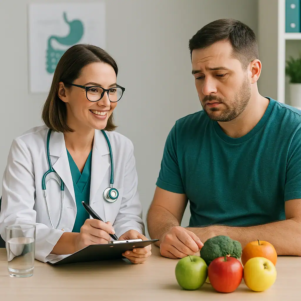 Consultation médicale post-pose de ballon gastrique avec une patiente accompagnée par un spécialiste