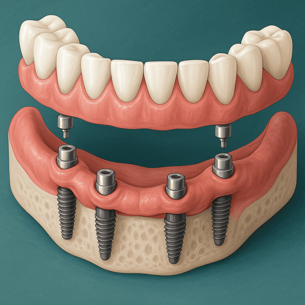 Illustration réaliste montrant la pose d’un système All-on-4 sur mâchoire inférieure