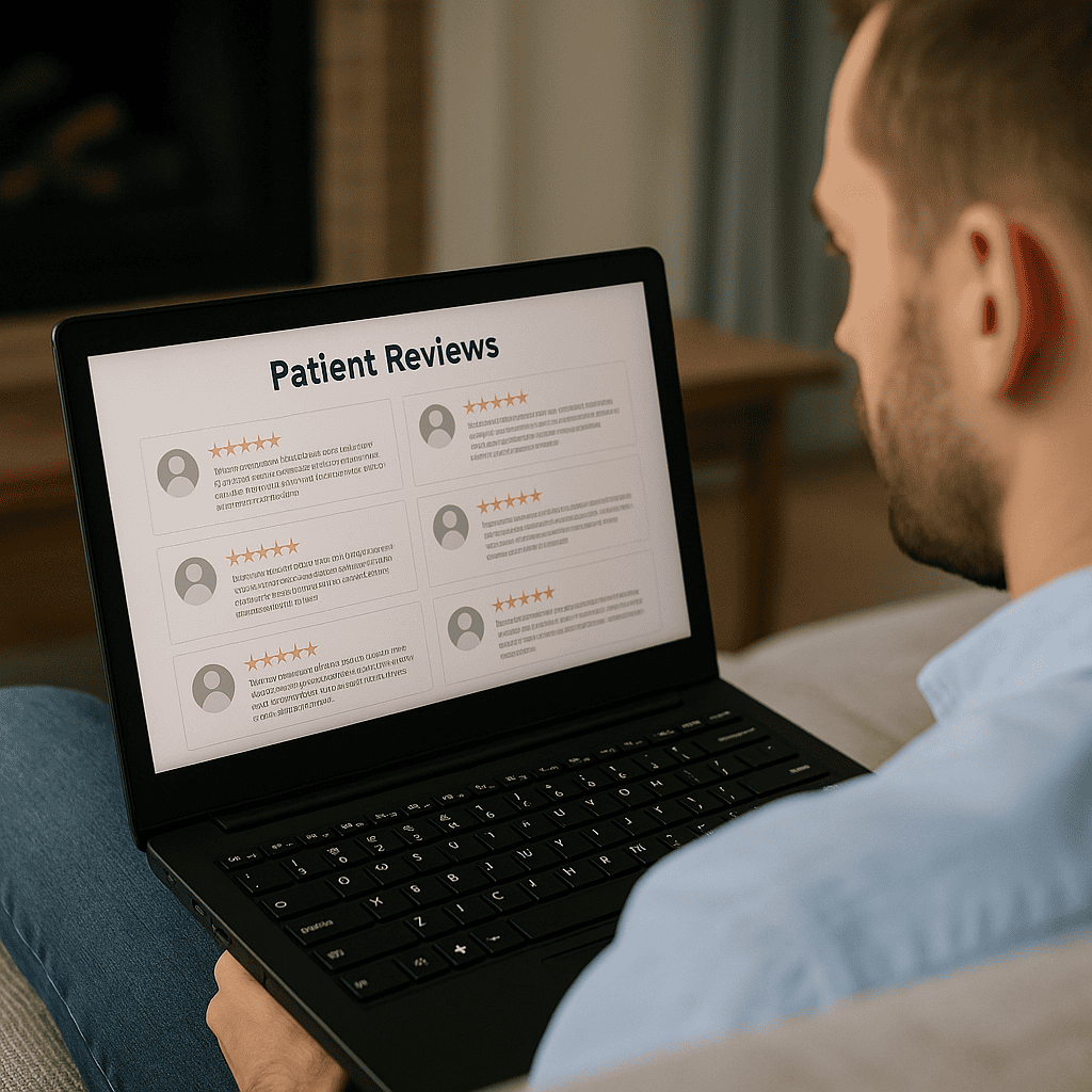 Uomo che consulta le recensioni dei pazienti sulle cliniche turche su un laptop