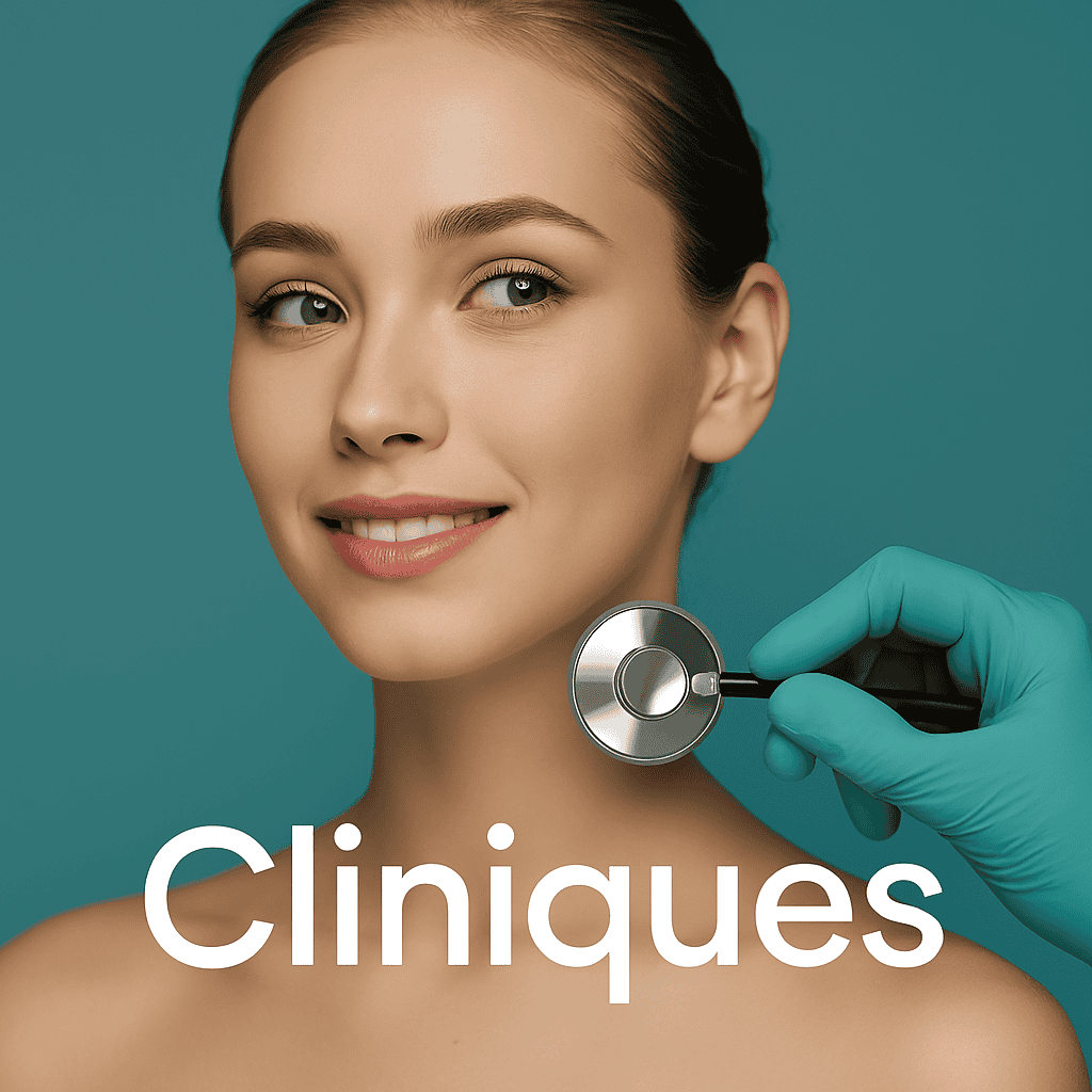 Portrait d’une femme souriante devant une clinique moderne en Turquie