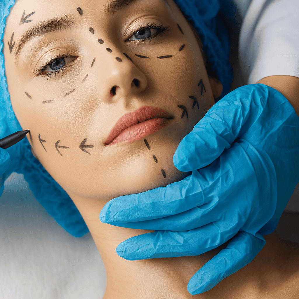 Dottore che prepara il viso di una donna per un intervento di chirurgia estetica