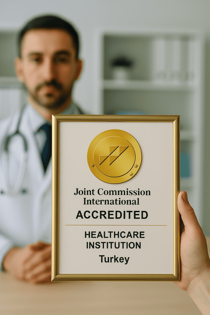 Dottore che mostra il certificato JCI Accredited per l'eccellenza medica in Turchia