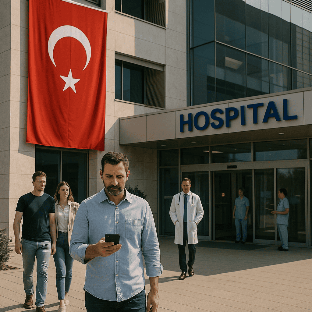 Paziente davanti a un ospedale in Turchia con bandiera turca per turismo medico