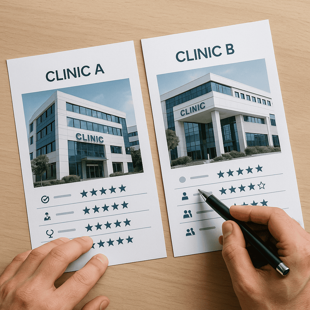 Confronto tra due cliniche in Turchia con schede di valutazione e punteggi stelle