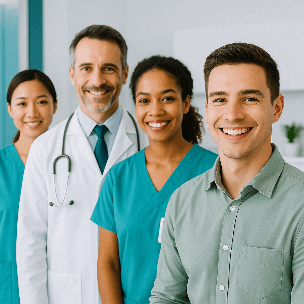 Team medico professionale e pazienti sorridenti dopo un viaggio medico di successo in Turchia: risparmio e qualità garantiti