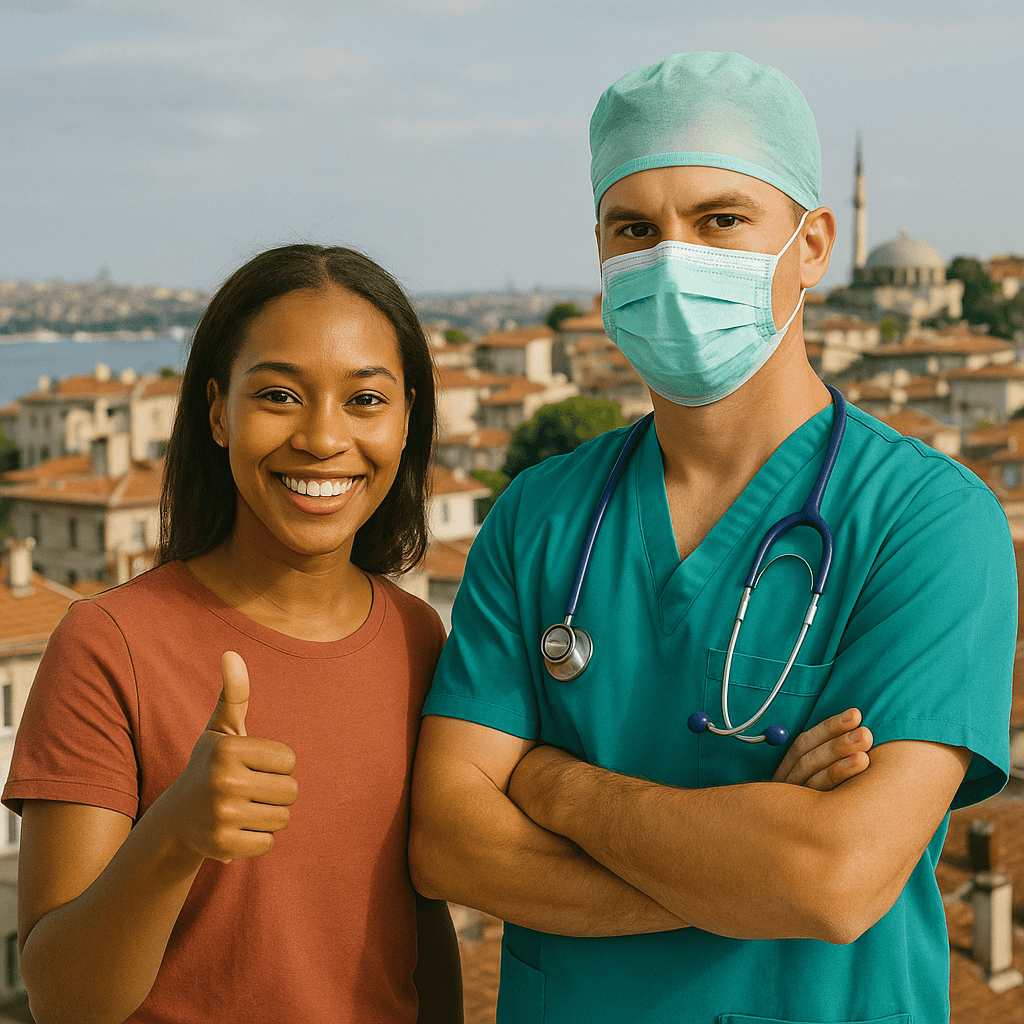 Chirurgo in camice verde e paziente che sorride con il pollice alzato a Istanbul