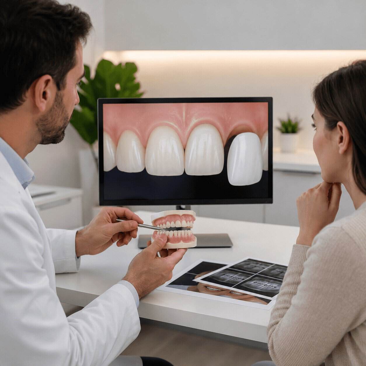 Dentiste expliquant le remplacement d'une facette dentaire à une patiente.