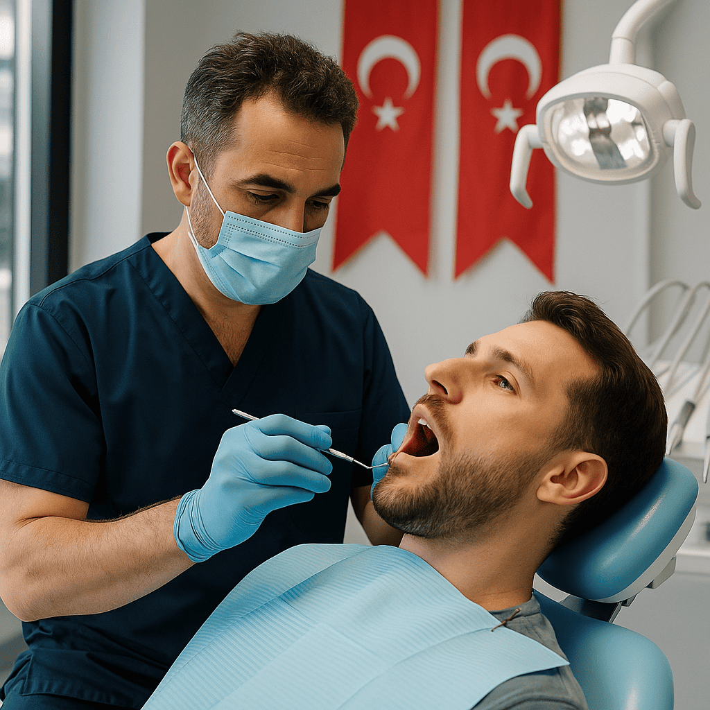 Dentista turco che esegue un trattamento di chirurgia orale a un paziente