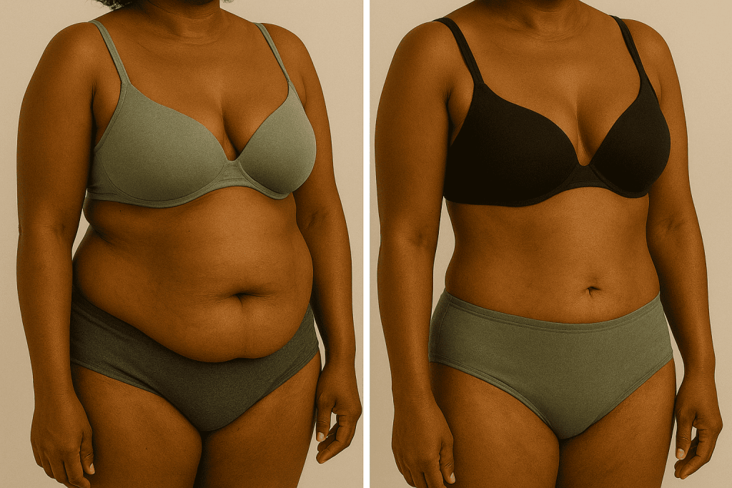 Résultat abdominoplastie Turquie avant et après sur femme à la peau noire.