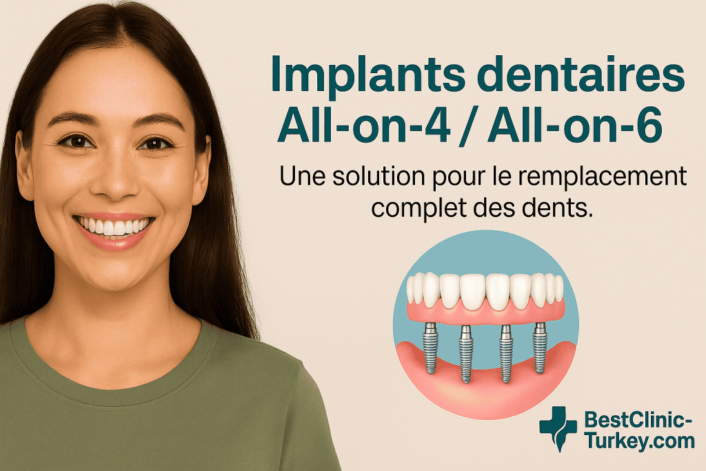 Illustration implants dentaires All-on-4 et All-on-6 Turquie avec patiente souriante