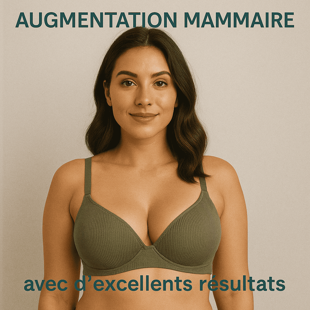 Visuel augmentation mammaire avec texte “d’excellents résultats”.