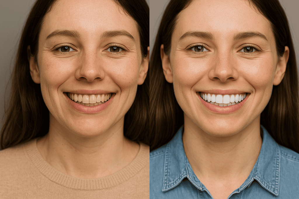 Confronto prima e dopo lo sbiancamento dentale professionale: sorriso luminoso e denti bianchi naturali