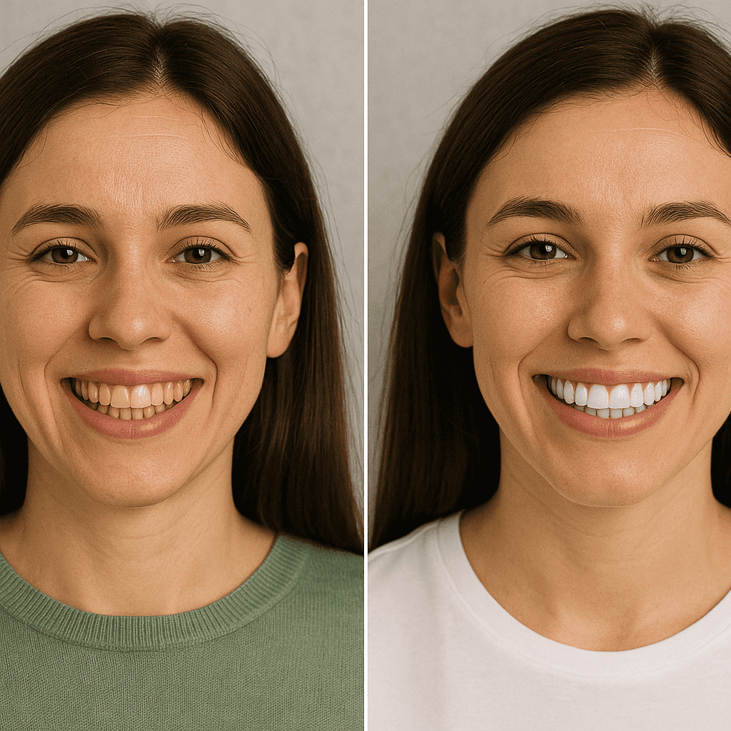Confronto prima e dopo trattamento sbiancante donna: trasformazione estetica del sorriso e denti bianchi