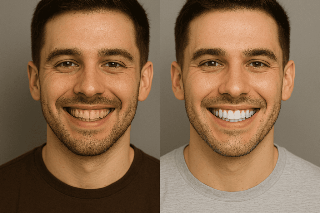 Dettaglio di un sorriso smagliante dopo l'applicazione di tecniche moderne di sbiancamento dentale professionale