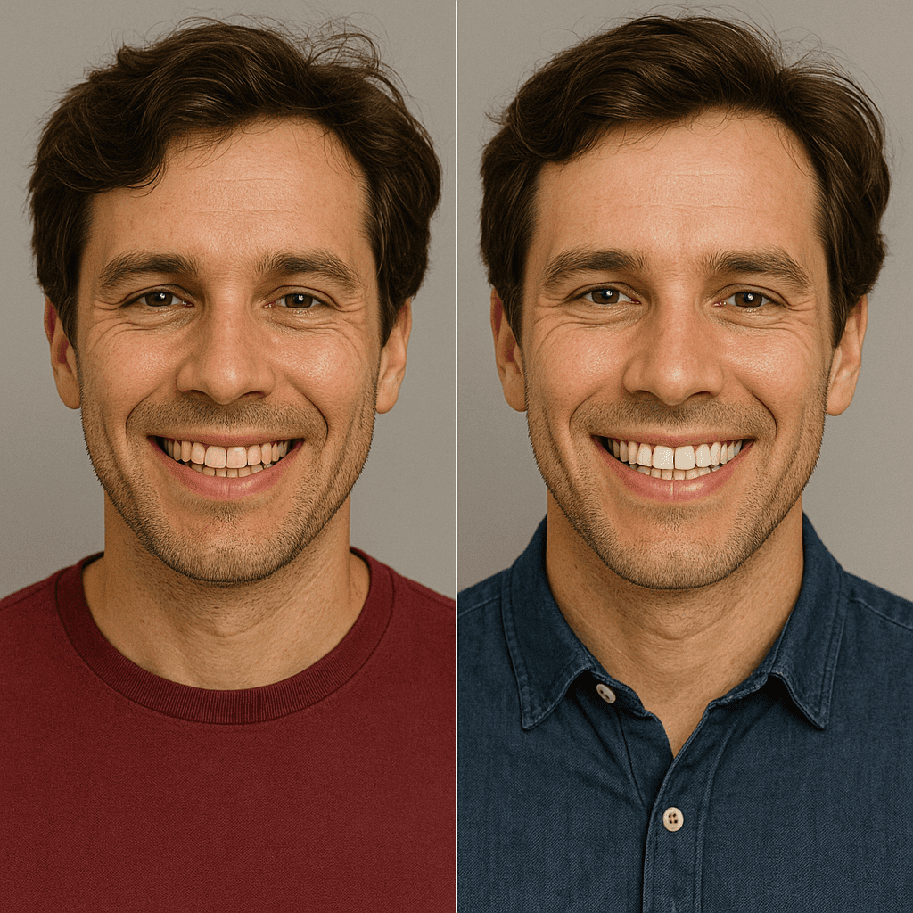 Risultato prima e dopo sbiancamento dentale uomo: confronto denti ingialliti e sorriso bianco naturale