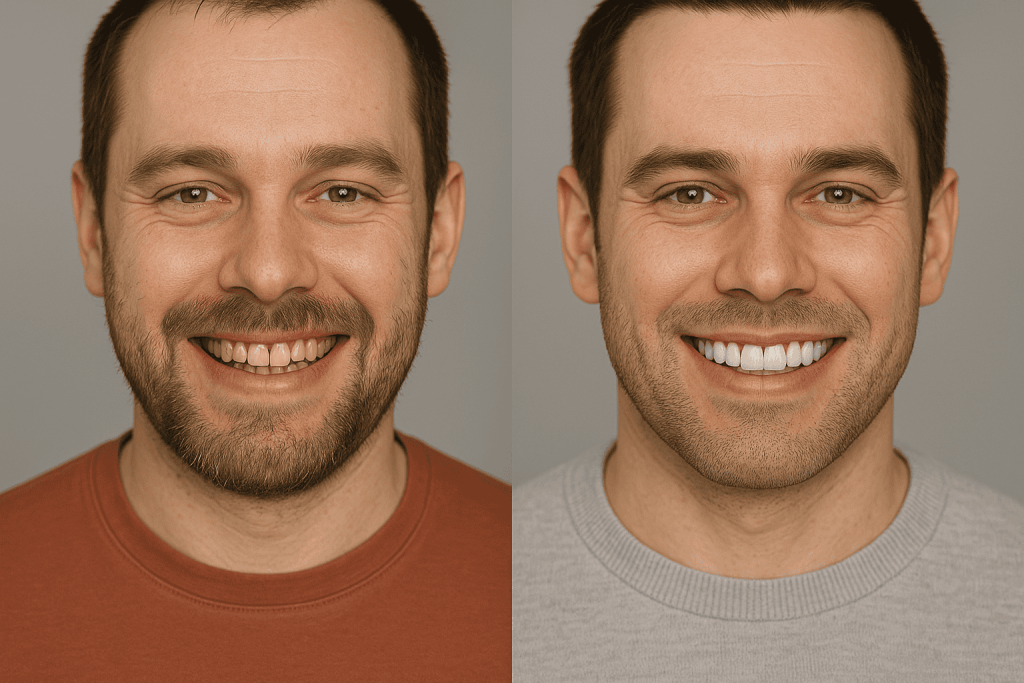 Paziente maschile mostra un sorriso perfetto dopo un intervento di sbiancamento dentale in Turchia