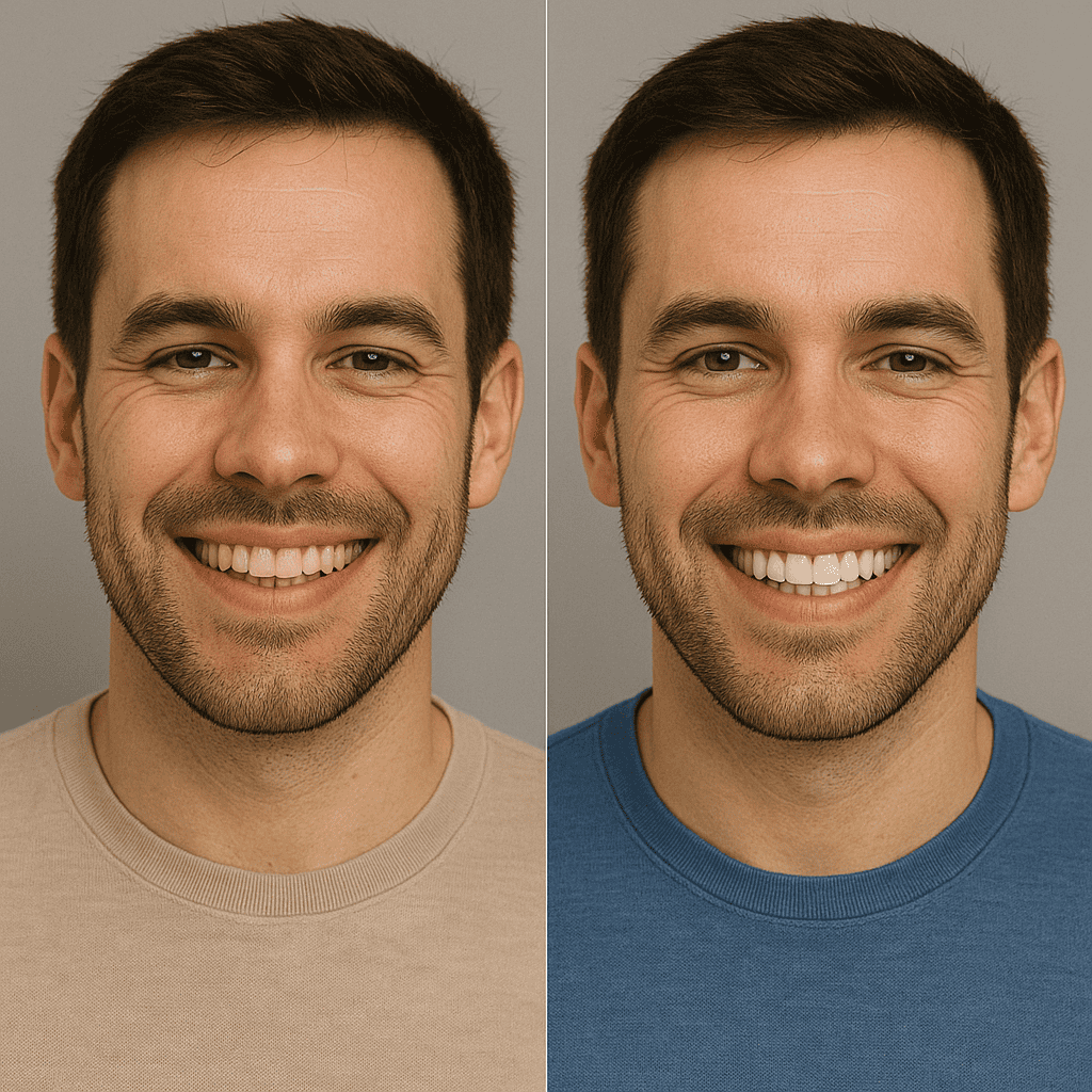 Esempio di successo sbiancamento dentale maschile: foto prima e dopo il trattamento odontoiatrico professionale