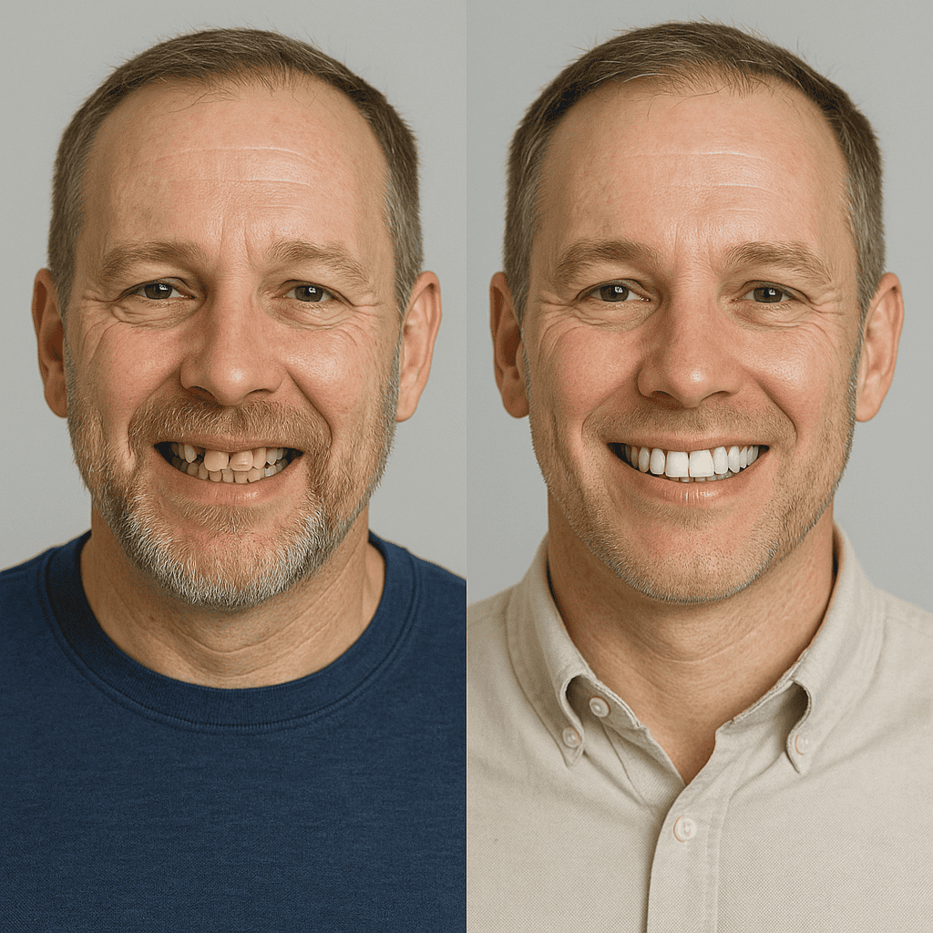 Risultato prima e dopo impianto dentale su uomo con denti mancanti in Turchia