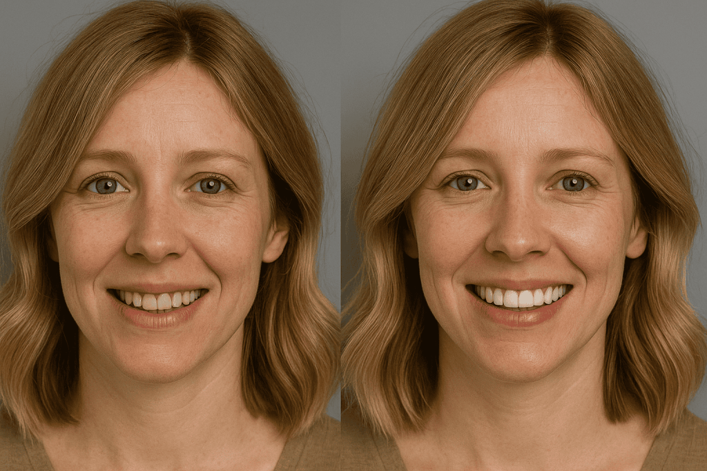 Confronto prima e dopo il trattamento di odontoiatria estetica con faccette dentali su una donna