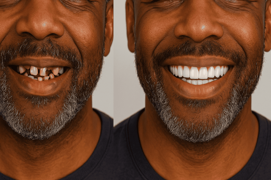 Confronto prima e dopo il trattamento di implantologia dentale in Turchia per un sorriso naturale con denti fissi.