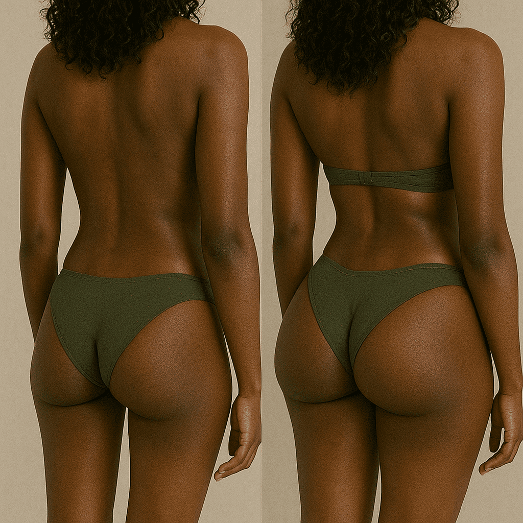 Confronto fotografico prima e dopo di un intervento di BBL in Turchia che mostra l'aumento di volume dei glutei mese per mese